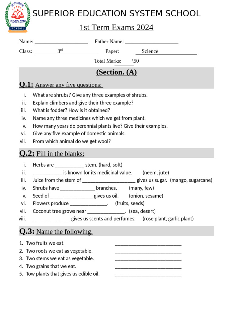 Year 4 Science Exam Paper 2024 | PDF | Vegetables | Fruit