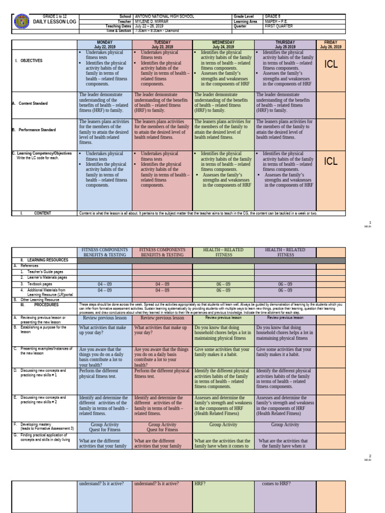 Grade 8 MAPEH Daily Lesson Log | PDF | Teachers | Learning
