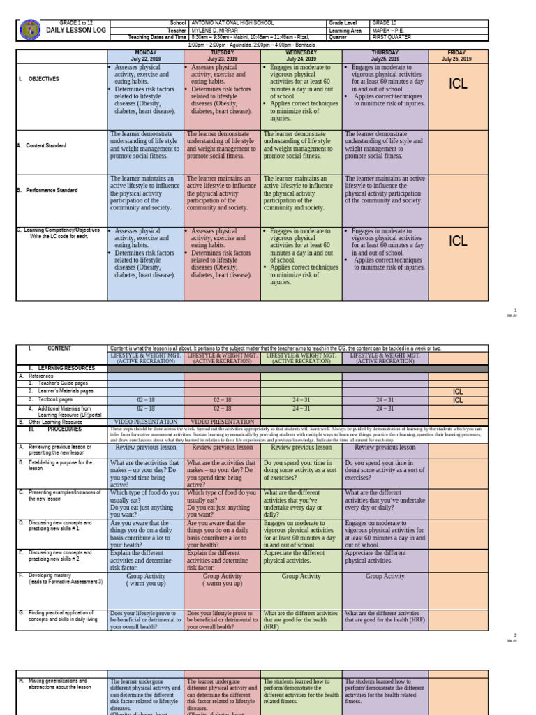 Grade 10 MAPEH Daily Lesson Log | PDF | Physical Fitness | Learning