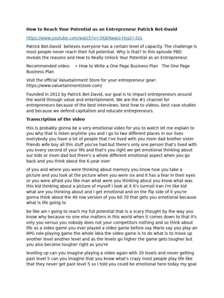 How To Reach Your Potential As An Entrepreneur Patrick Bet David | PDF ...