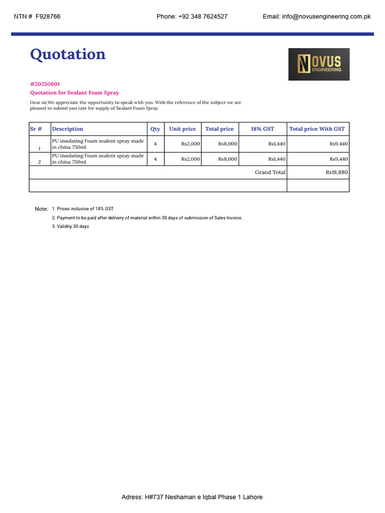 Quotation for Sealant Foam Spray Supply | PDF