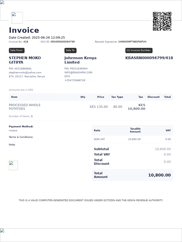 KRA ETR Receipt for Invoice 418 | PDF