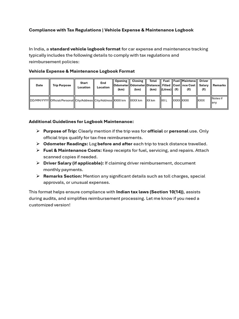 Vehicle Expense Logbook Format | PDF
