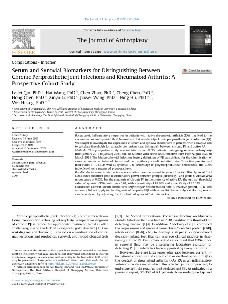 Serum and Synovial Biomarkers For Distinguishing B | PDF | Receiver ...