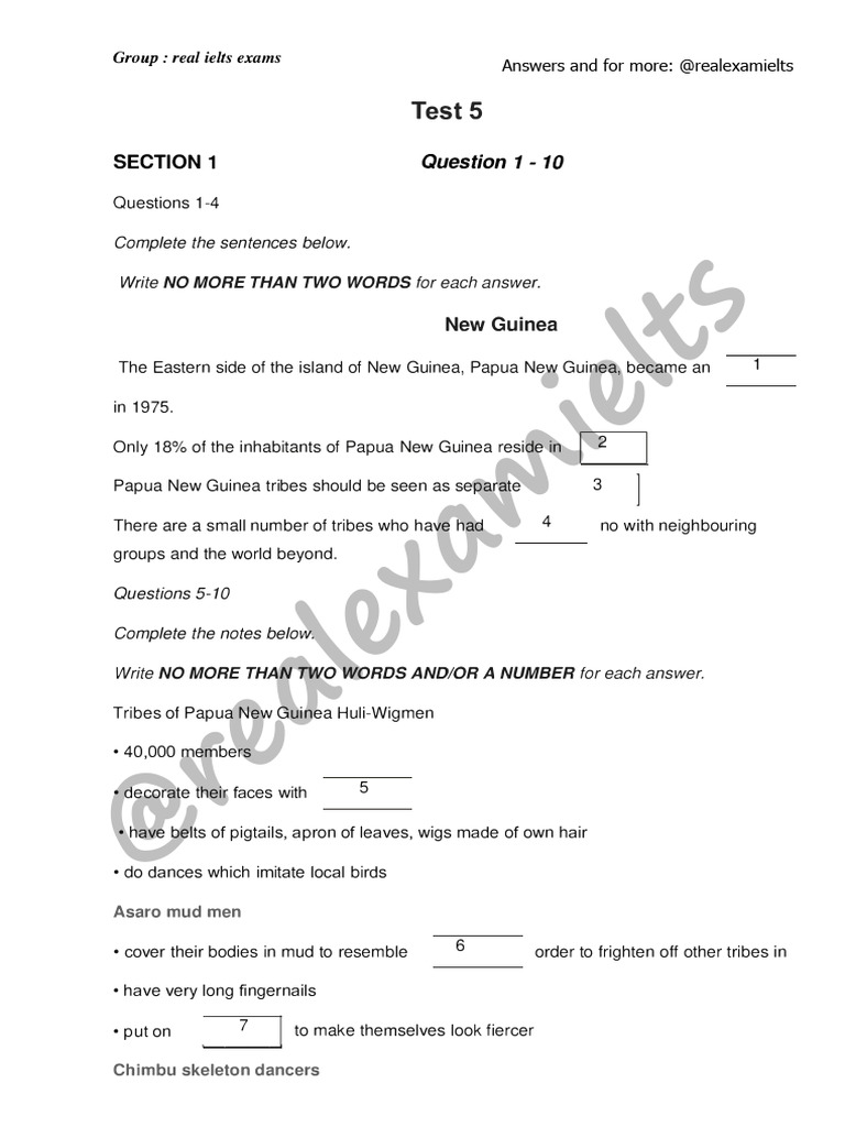 TEST 5 Full Real Exam Papers Without Answers @realexamielts | PDF ...