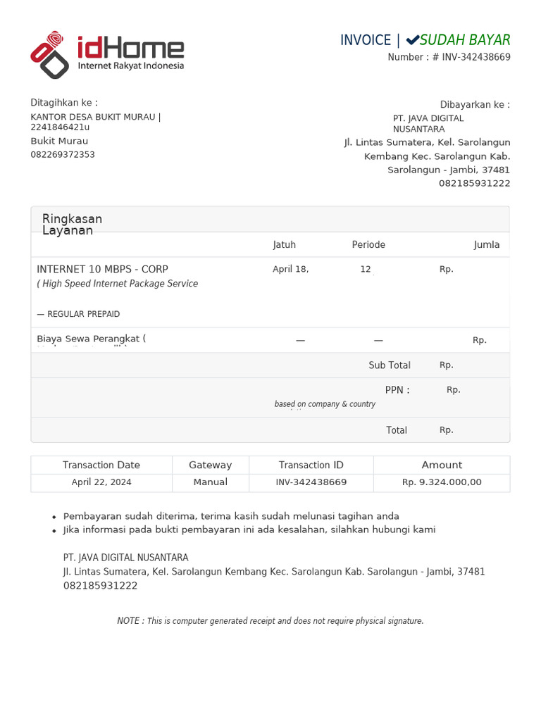 Invoice Pembayaran Internet PT. JAVA | PDF