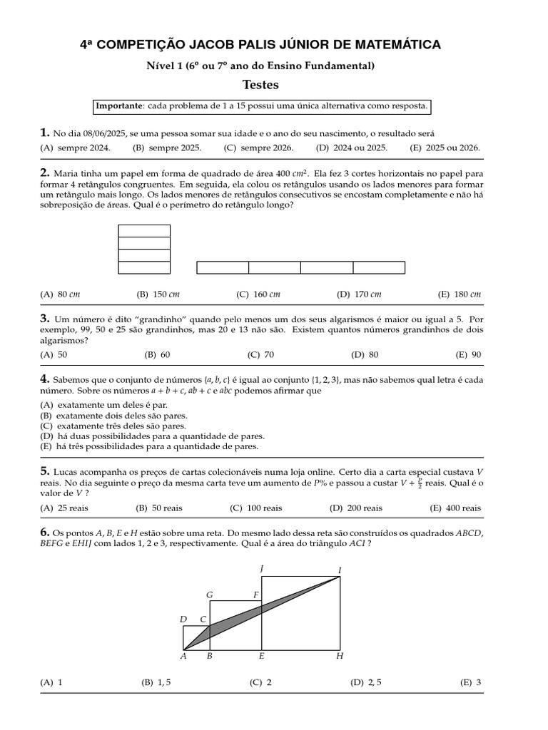 Competição Jacob Palis: Testes de Matemática | PDF | Círculo | Triângulo