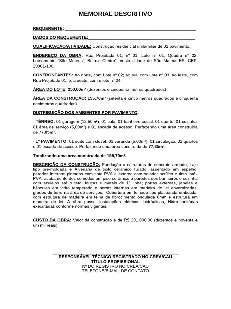 Memorial Descritivo de Construção Residencial | PDF