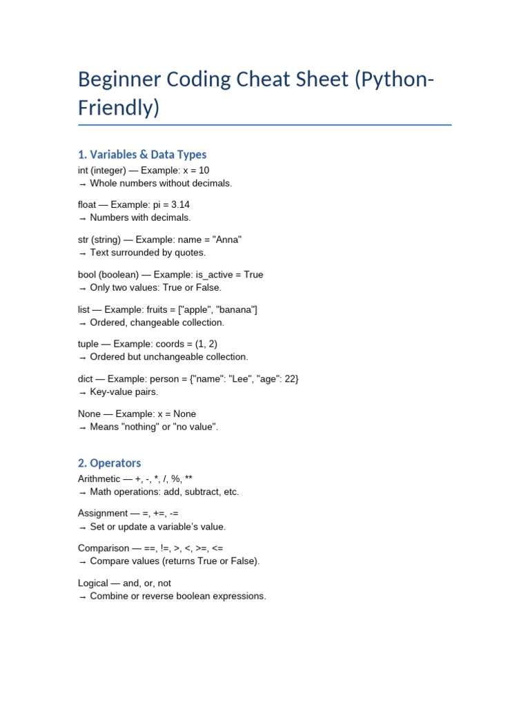 Beginner Coding Cheat Sheet FINAL | PDF | Boolean Data Type | Computer ...
