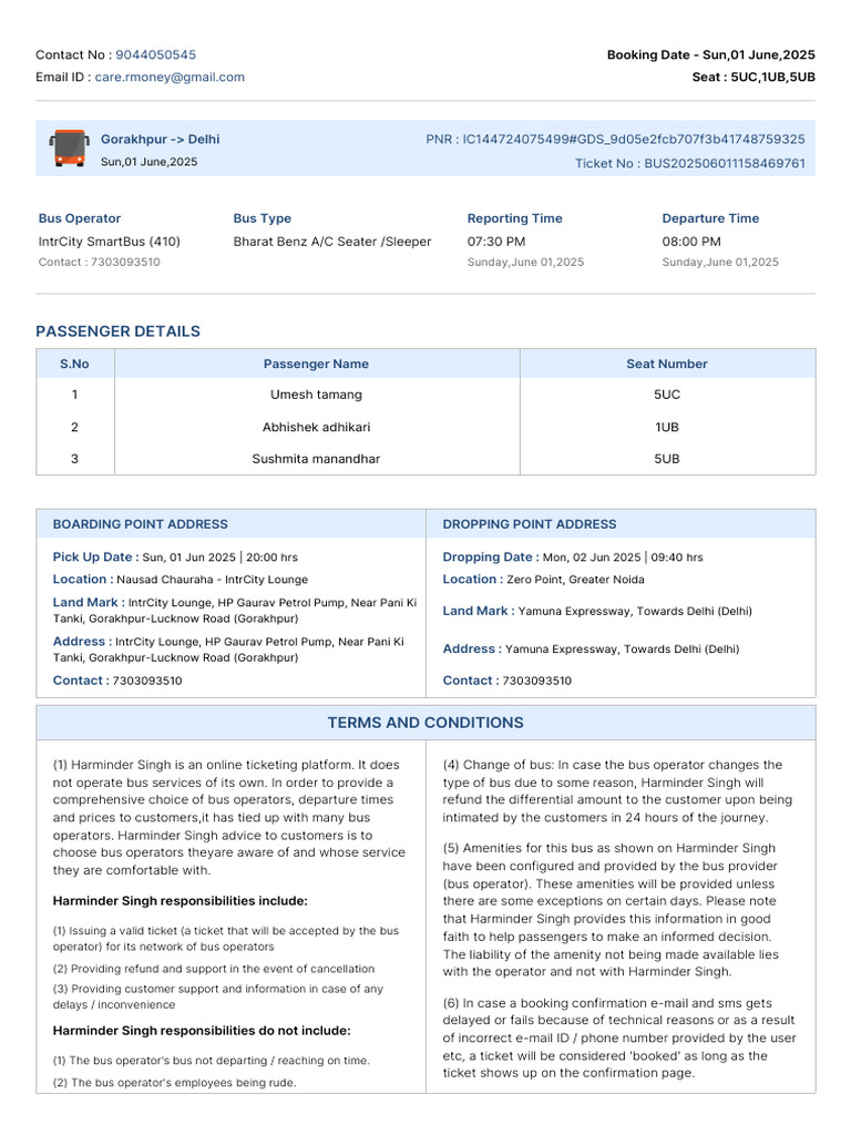 IntrCity Bus Ticket Confirmation | PDF | Bus