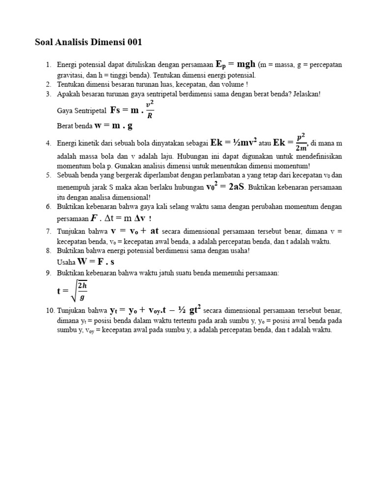 Soal Analisis Dimensi Fisika Kelas 10 | PDF