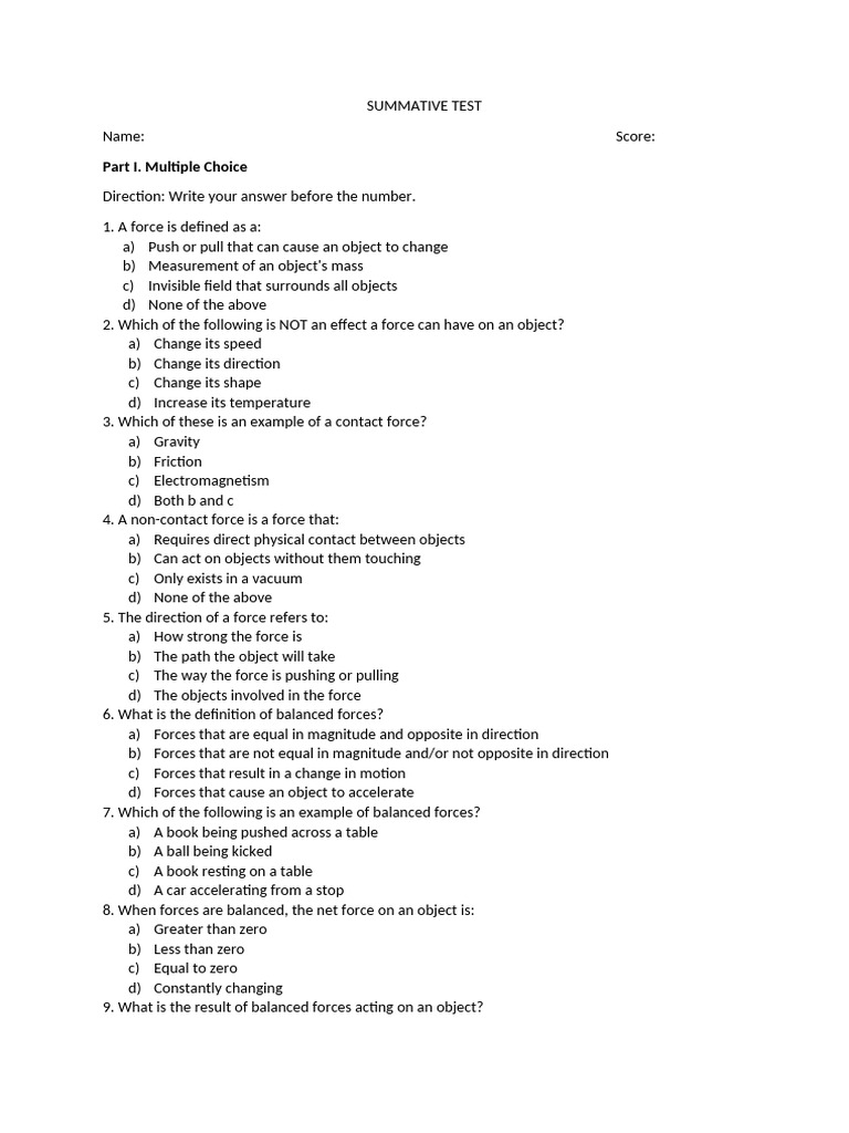 Forces and Motion Summative Test | PDF | Force | Acceleration