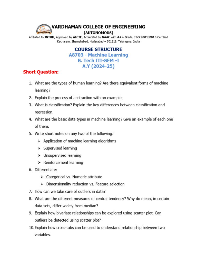 Machine Learning Course Structure 2024-25 | PDF | Machine Learning ...