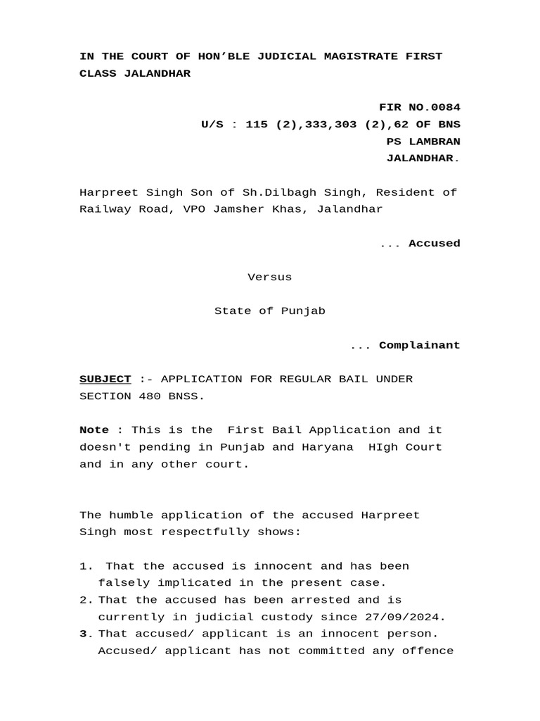 HARPREET BNSS Bail Application | PDF | Bail | Government