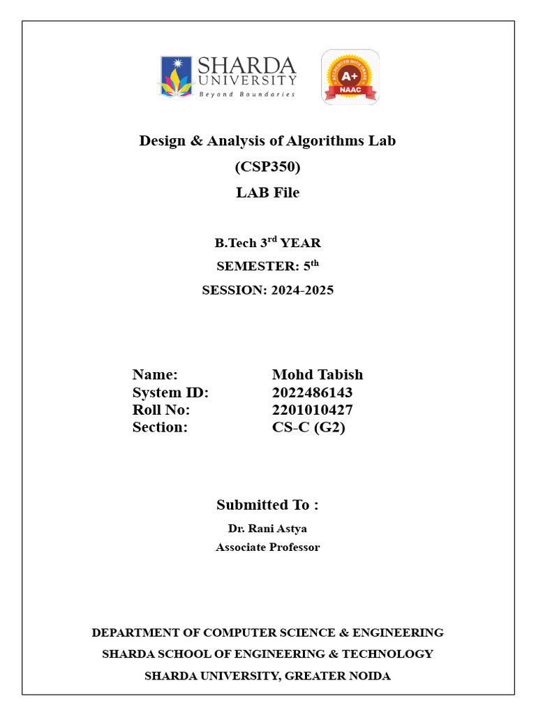 Design and Analysis of Algorithms Lab | PDF | Applied Mathematics ...