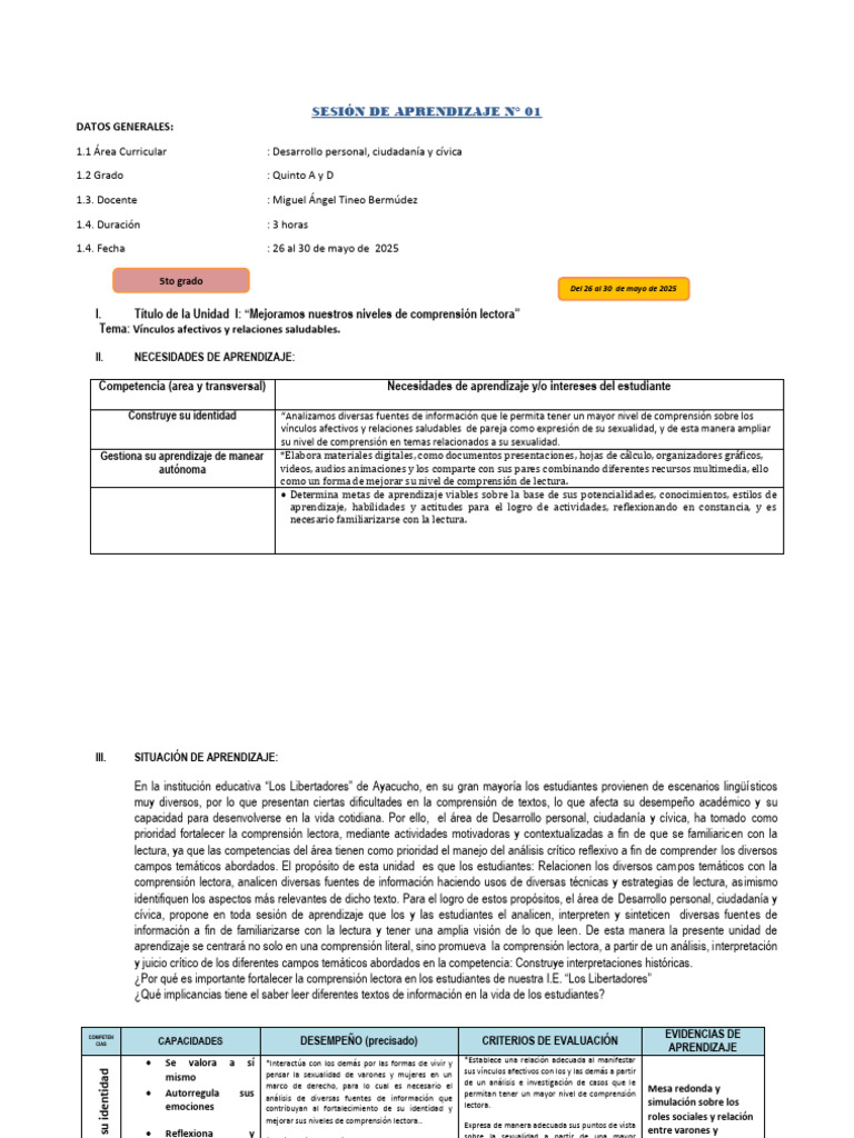 SESIÓN 1 DPCC 5° A y B UA 2 | PDF | Las emociones | Aprendizaje
