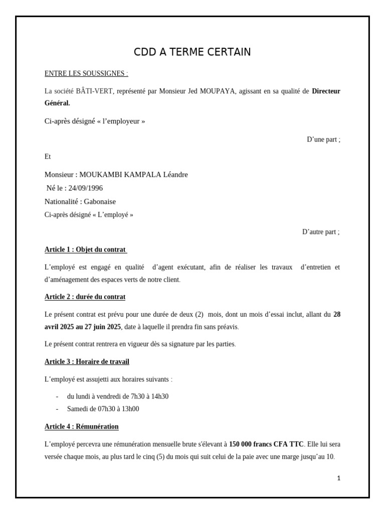 Contrat CDD Agent Exécutant BÂTI-VERT | PDF | Convention collective