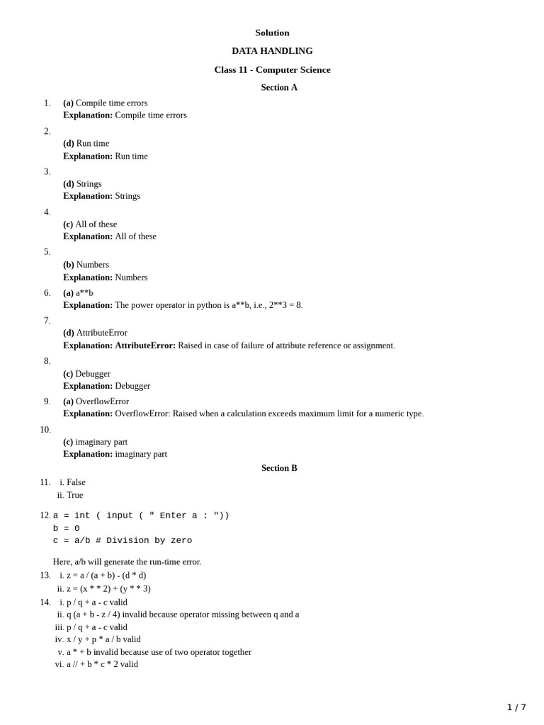 Class 11 - Data Handling - Solution | PDF | Area | Software Development