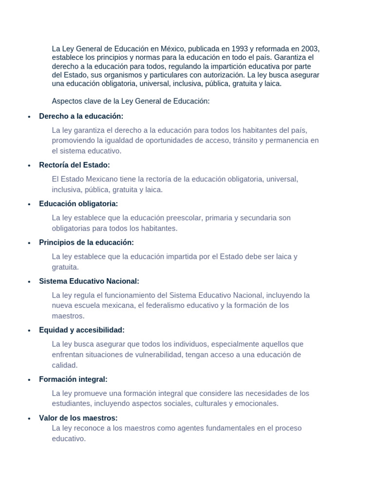 Ley General de Educación en México | PDF | Educación de la primera ...