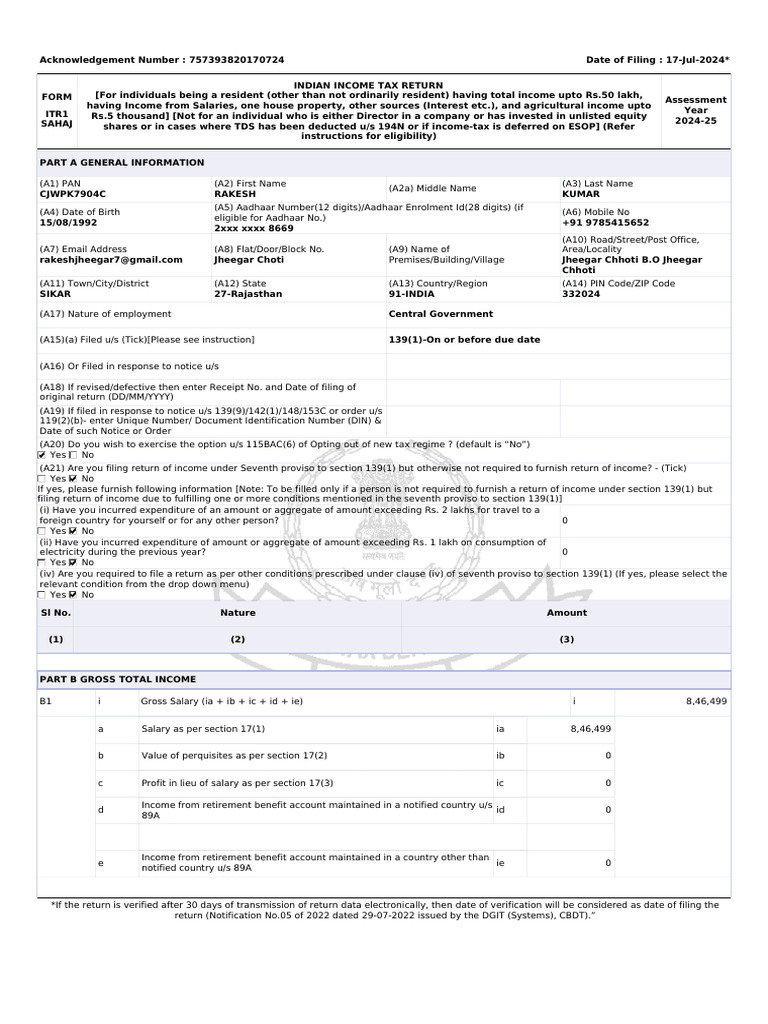 ITR1 Income Tax Return for FY 2024-25 | PDF | Taxes | Government Finances