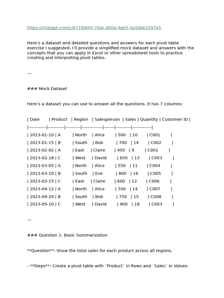 ChatGPT Pivot Table Exercises Guide | PDF | Computing | Information Science