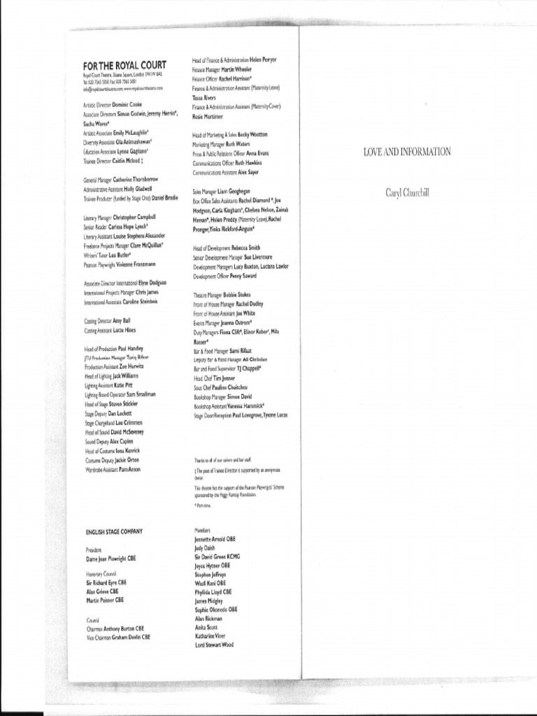 Love and Information by Caryl Churchill | PDF