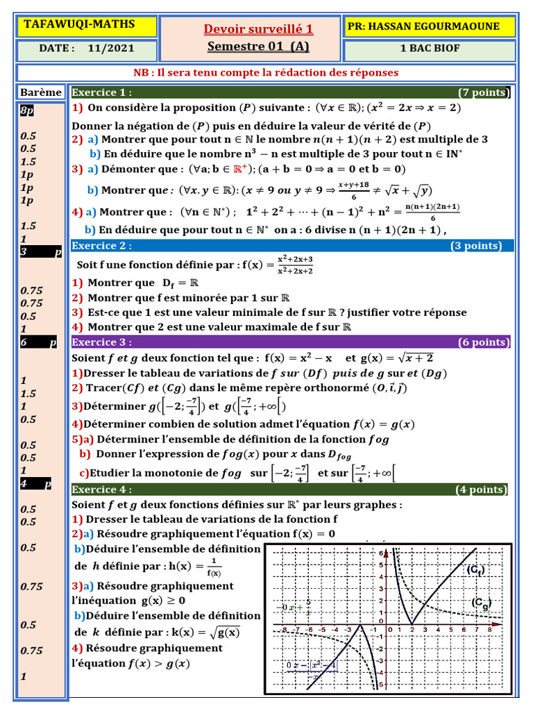Devoir de maths 1 BAC BIOF - Semestre 01 | PDF | Géométrie | Analyse ...