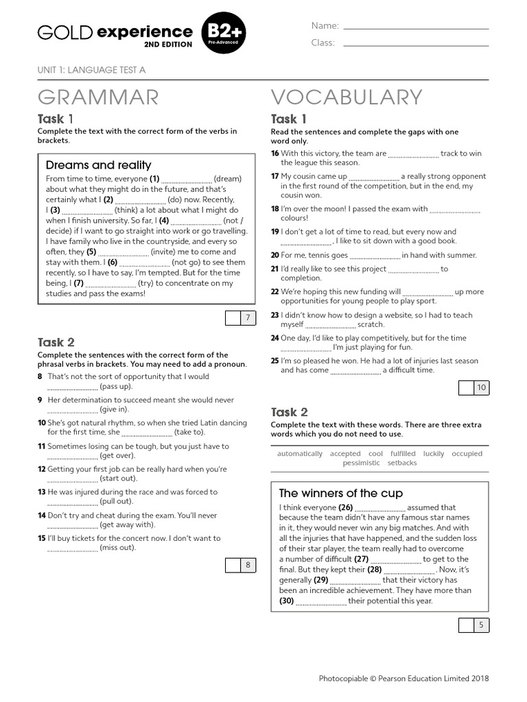 Gold Exp B2P U1 Lang Test A | PDF | Linguistics