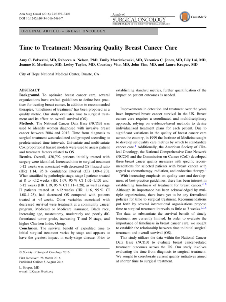 Time To Treatment Measuring Quality Breast Cancer Care PDF | PDF ...