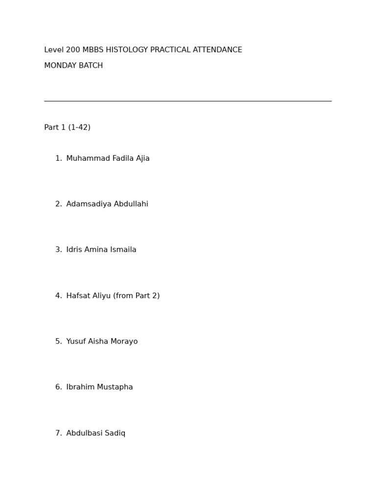 MBBS Histology Attendance: Mon Batch | PDF