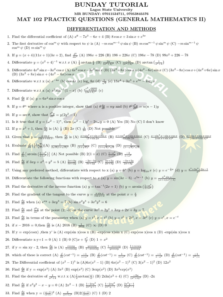 MAT 102 Differentiation Practice Questions | PDF | Mathematical ...