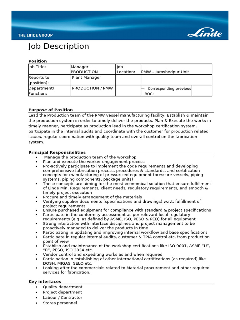 Production Manager Job Description | PDF | Specification (Technical ...