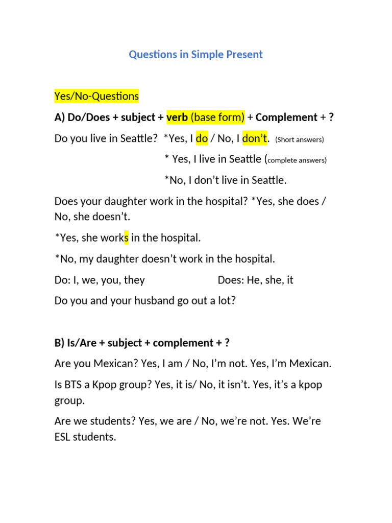 Simple Present Questions Explained | PDF | Semantics | Semantic Units