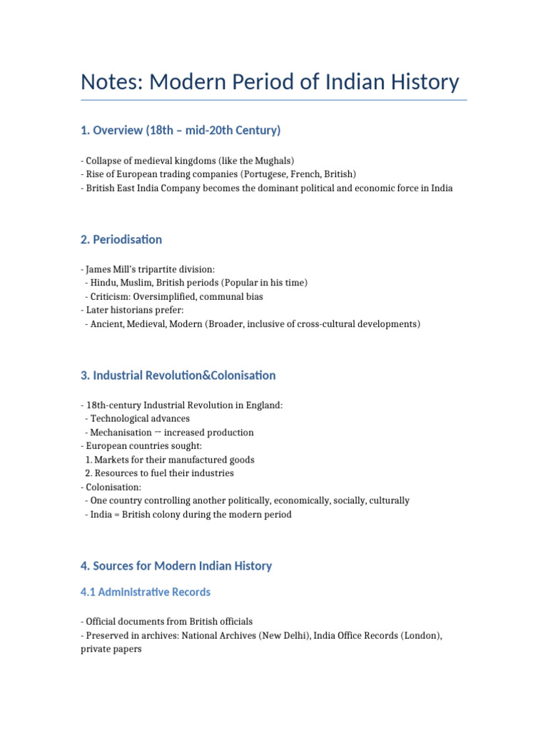 Modern Indian History Overview Notes Pdf British Raj