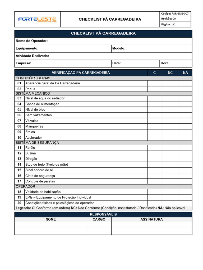 Checklist de Inspeção para Pá Carregadeira | PDF