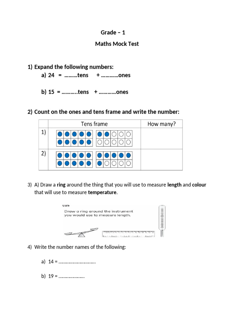 Grade 1 Math Mock Test | PDF