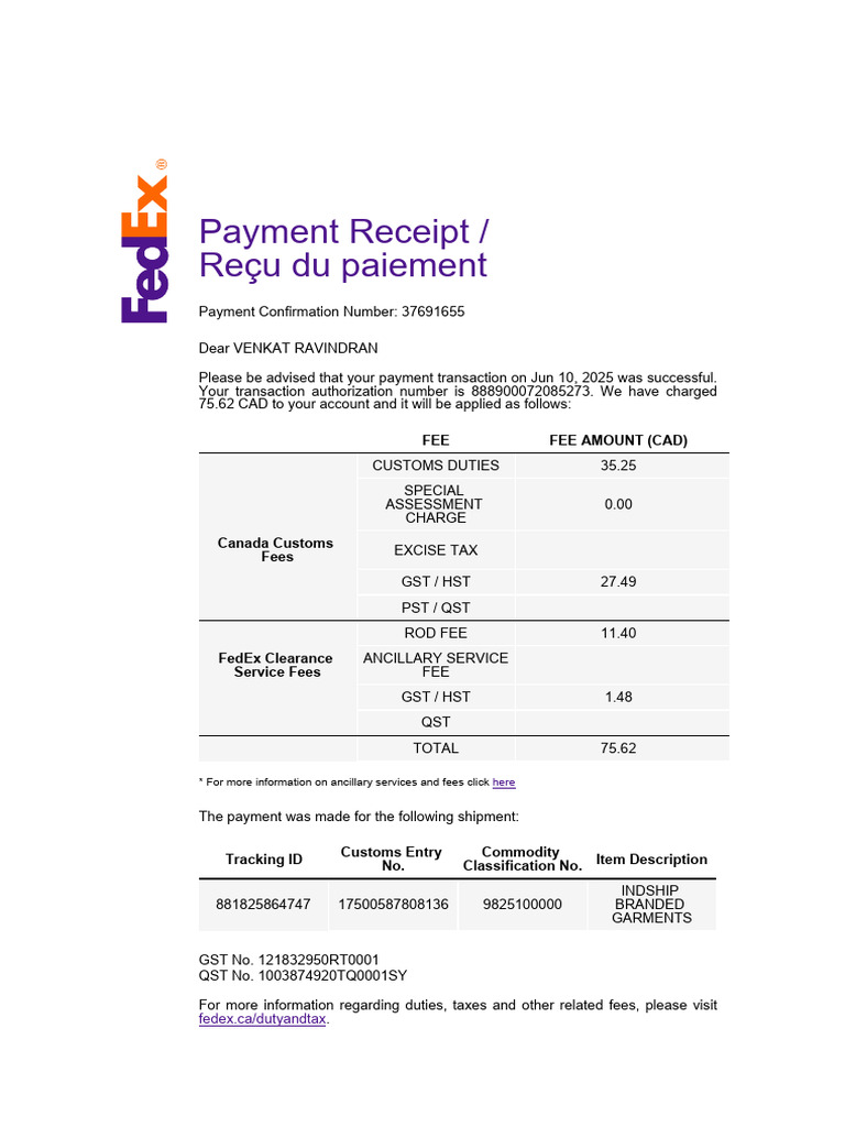 Reçu de paiement FedEx - 75,62 CAD | PDF | Paiements | Sodles