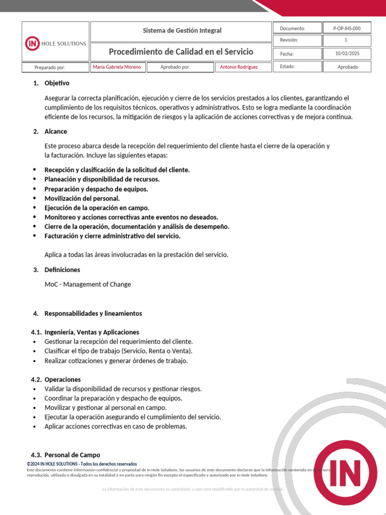 Procedimiento de Calidad en Servicios | PDF | Planificación