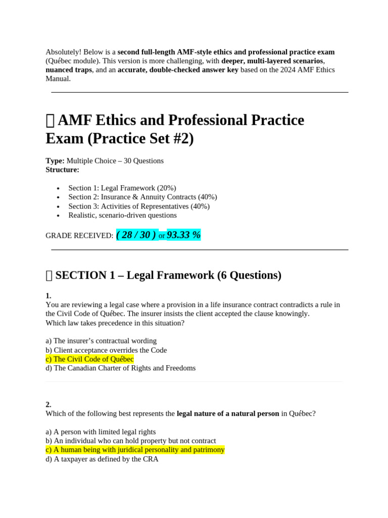 AMF Ethics Exam Practice Set #2 | PDF | Insurance | Life Insurance