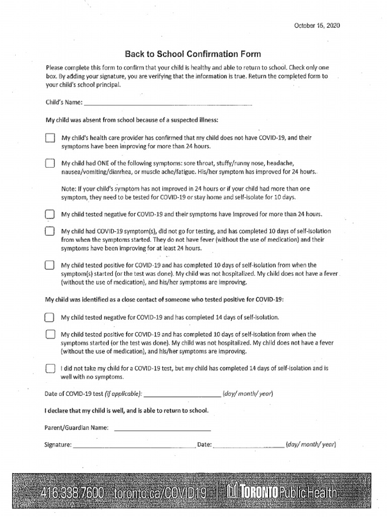 Back To School Confirmation Form | PDF