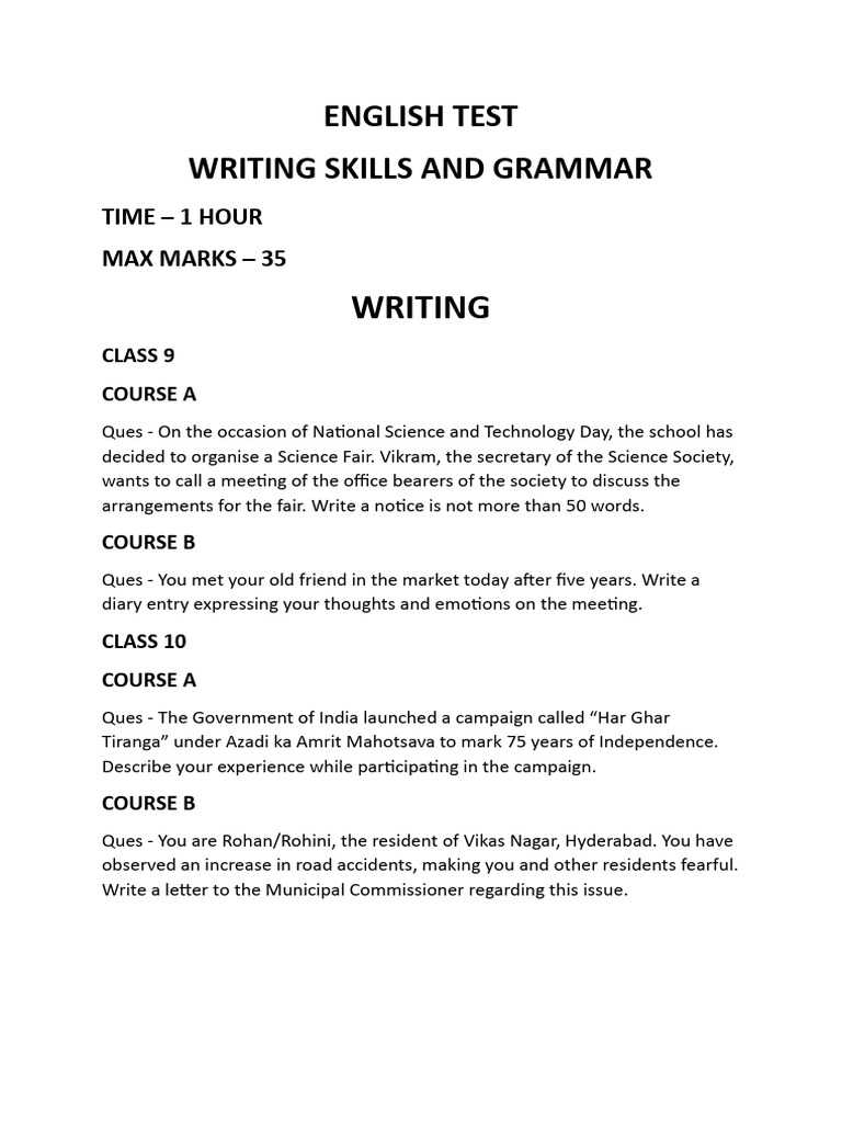 Class 9-10 English Writing Test Guide | PDF