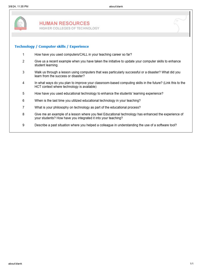 Interview Technology Computer Skills Experience | PDF