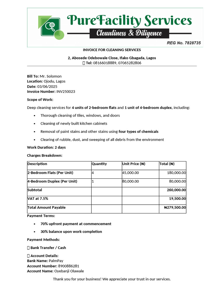 Deep Cleaning Invoice for Services | PDF