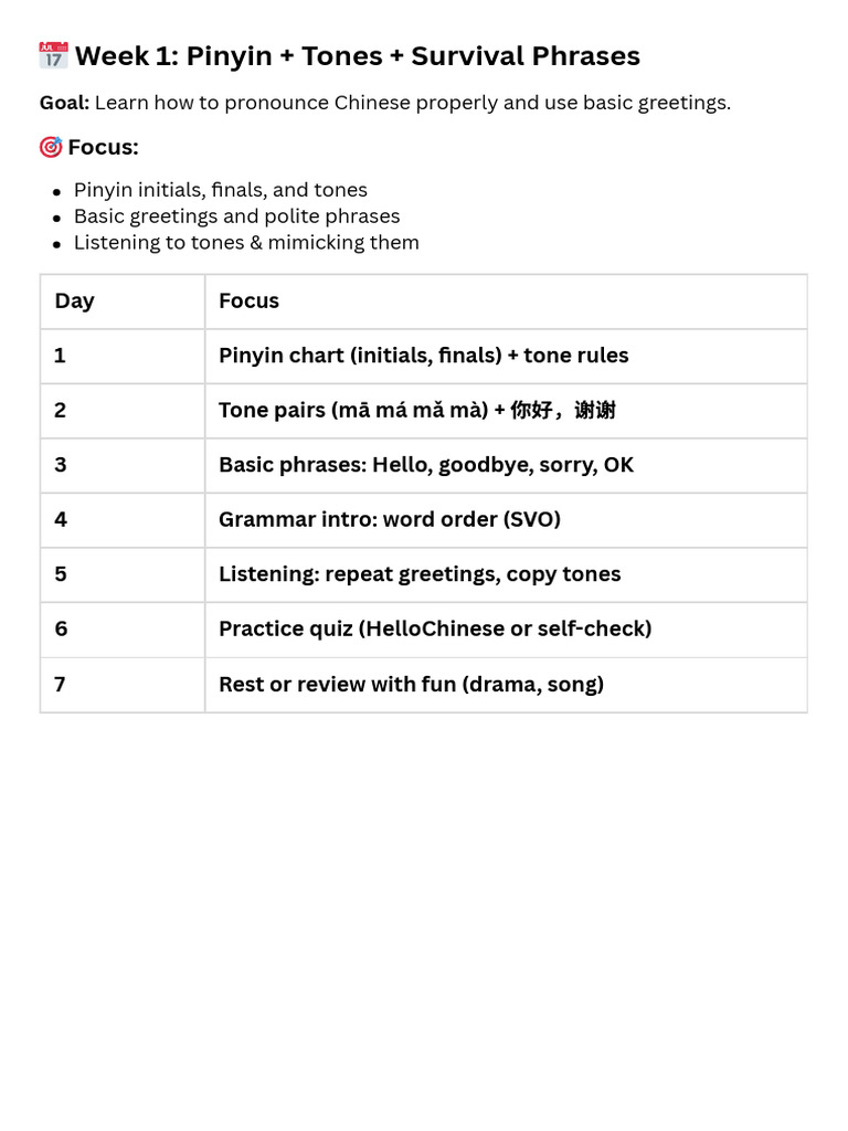 ? Week 1 Pinyin + Tones + Survival Phrases | PDF | Phrase | Pinyin