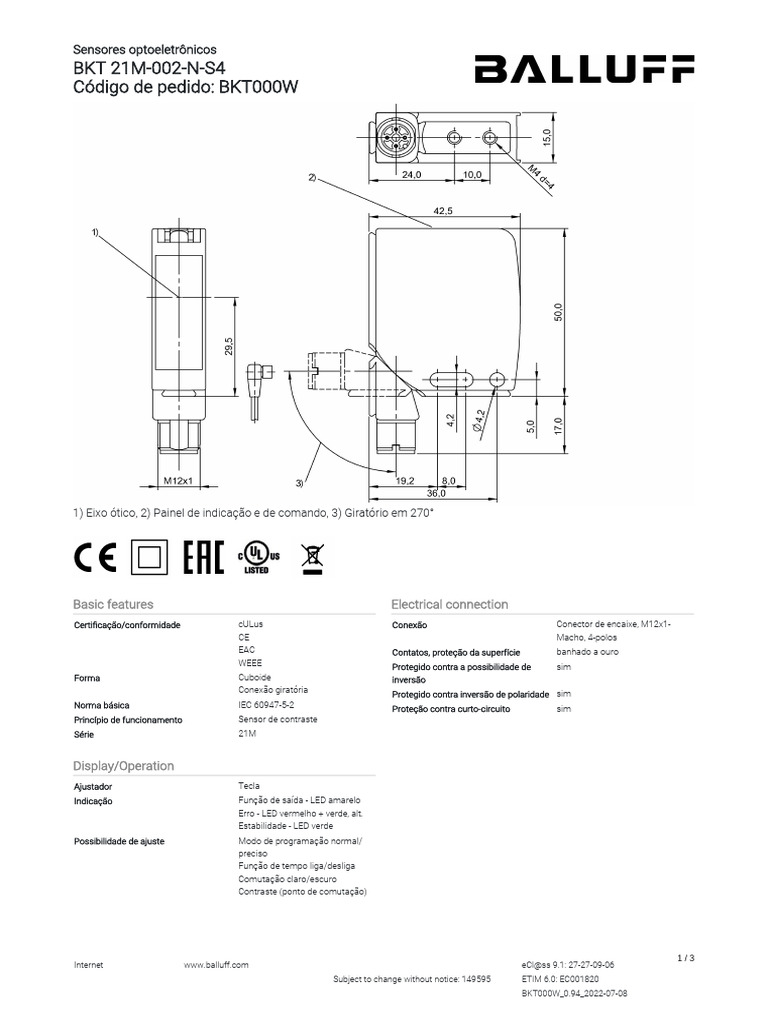 Sensor Optoeletrônico BKT 21M-002-N-S4 | PDF