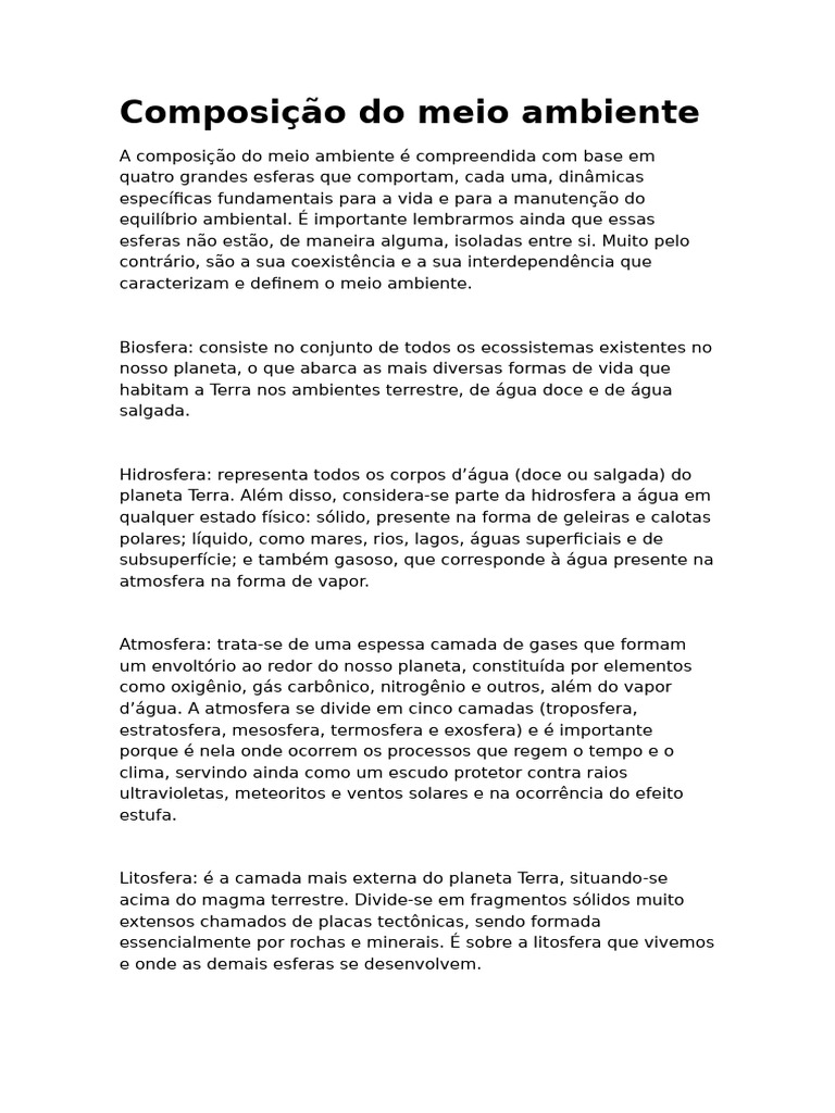 Pesquisa Sobre A Composição Do Meio Ambiente e Suas Funções | PDF ...