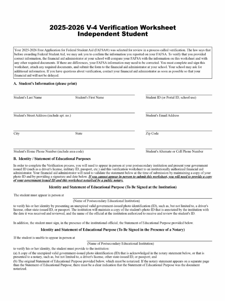 2025-2026 v-4 Verification Worksheet Independent Student | PDF