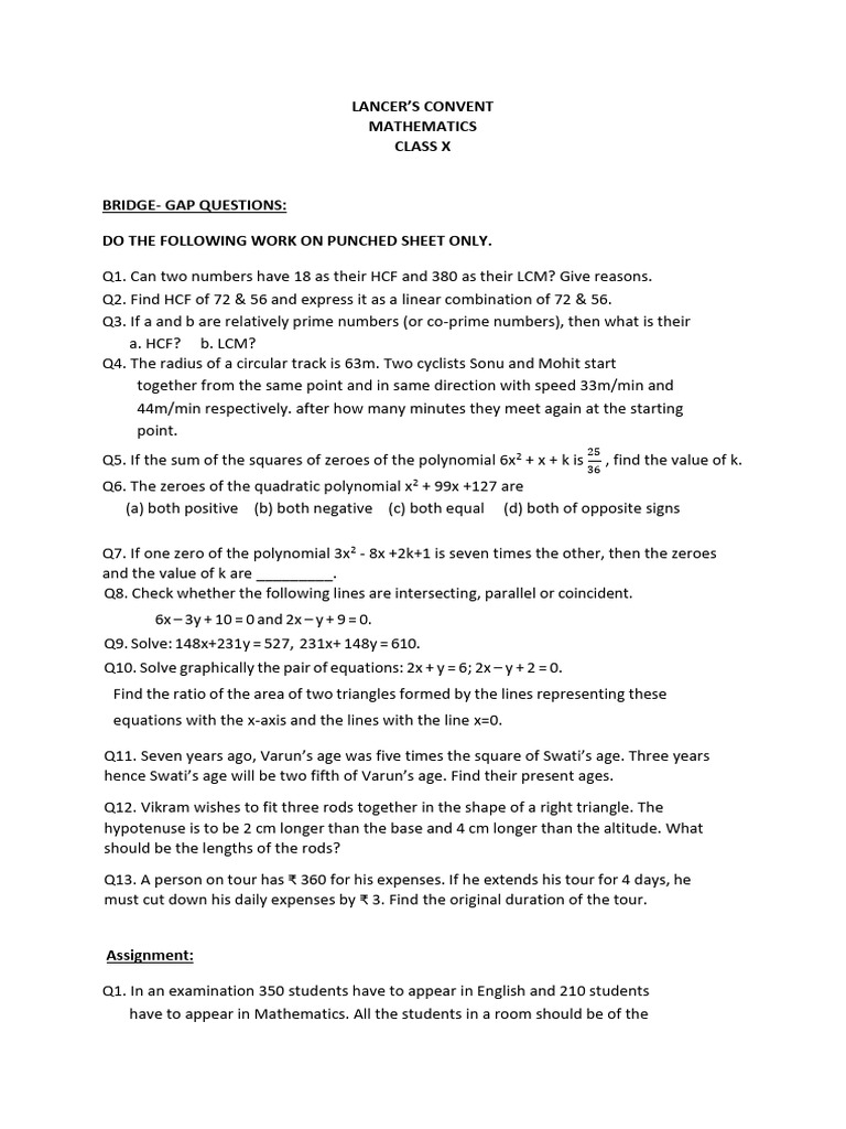 Class X Mathematics Bridge-Gap Questions | PDF | Polynomial | Quadratic ...