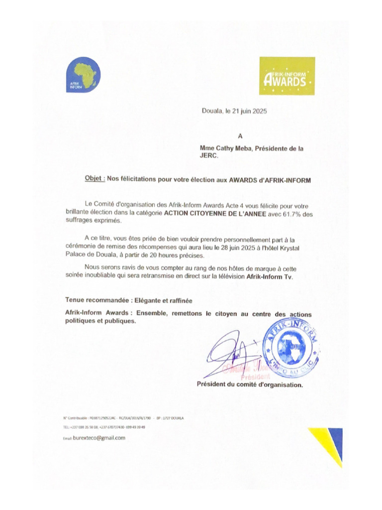 FÉLICITATIONS PRESIDENTE JERC Mme CATHY MEBA | PDF