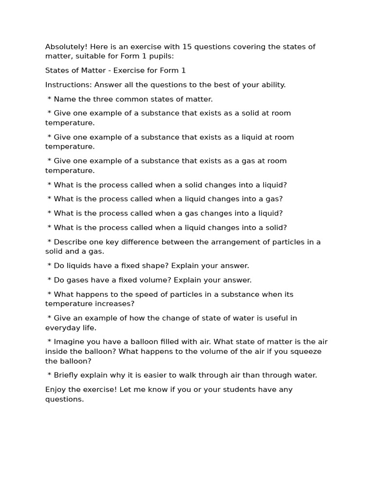 States of Matter Exercise for Form 1 | PDF